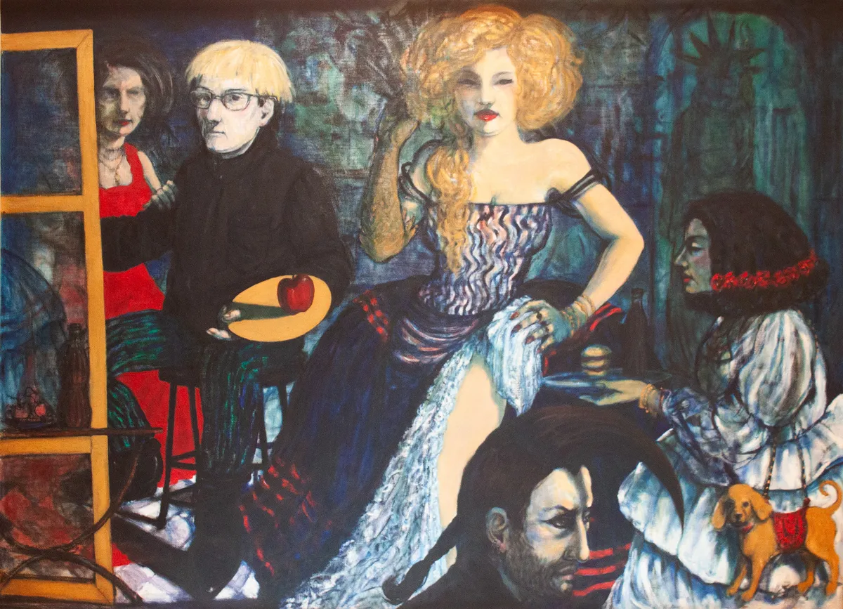 Obra "Mujer de rojo, en el taller del pintor, revisando los avances de su encargo." de Eva Lefever